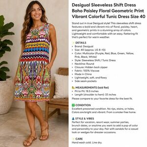 Desigual Size 40 Sleeveless Shift Dress Boho Floral Geometric Paisley Colorful